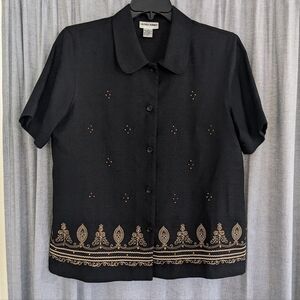 Vtg Alfred Dunner Blouse Women's 14 Black Button Down Beaded Dark Mature Grandma